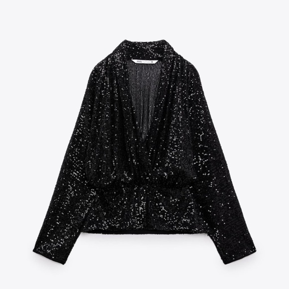 NWT Zara Draped Black Sequin Blouse - Picture 3 of 13